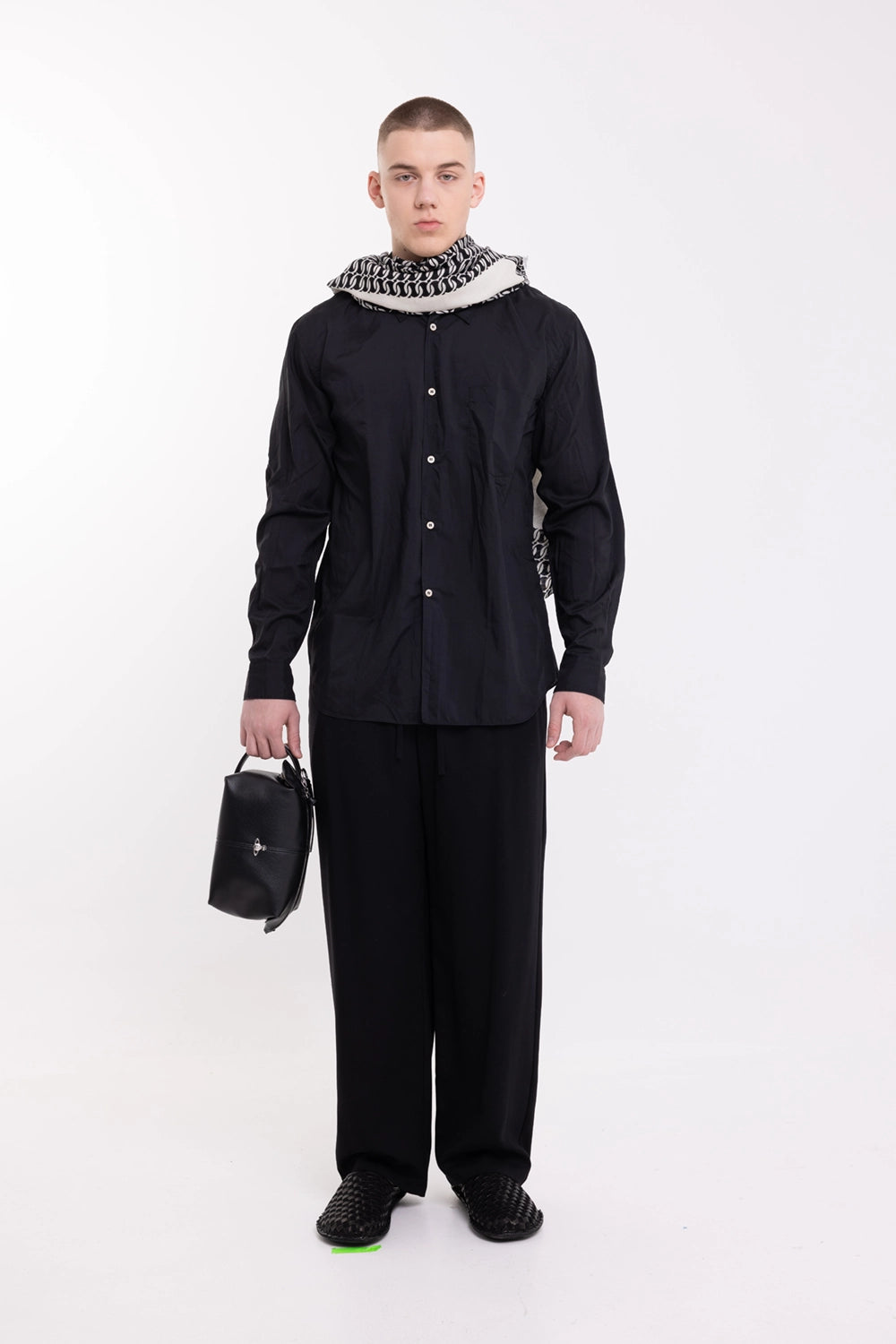 Comme des Garçons Homme Deux men's shirt in navy, on-model full-length view with pointed collar and white buttons