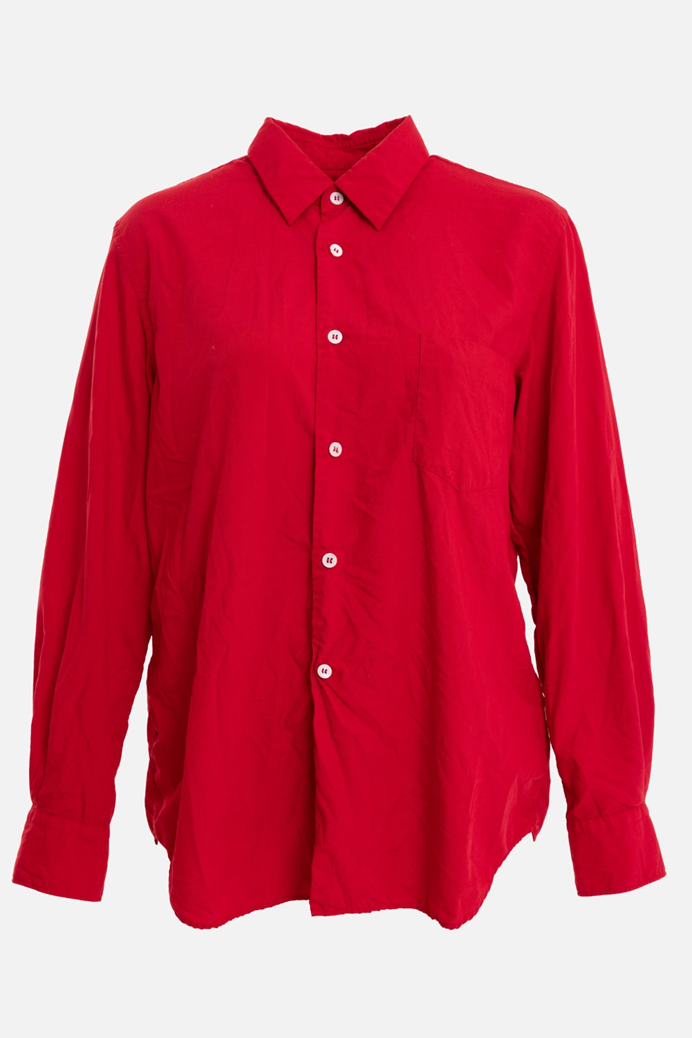 Comme des Garçons women's shirt in red, front view, white buttons and chest pocket