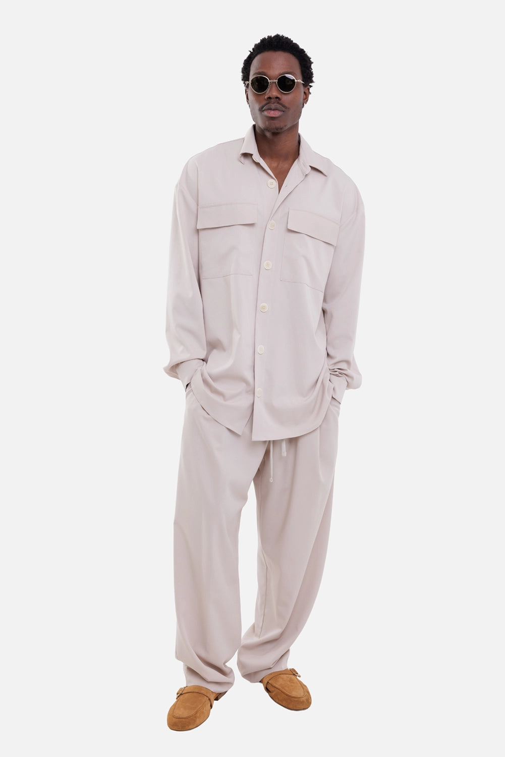 Gaëlle Paris men's shirt jacket in beige, on-model full-length, oversized fit with flap chest pockets