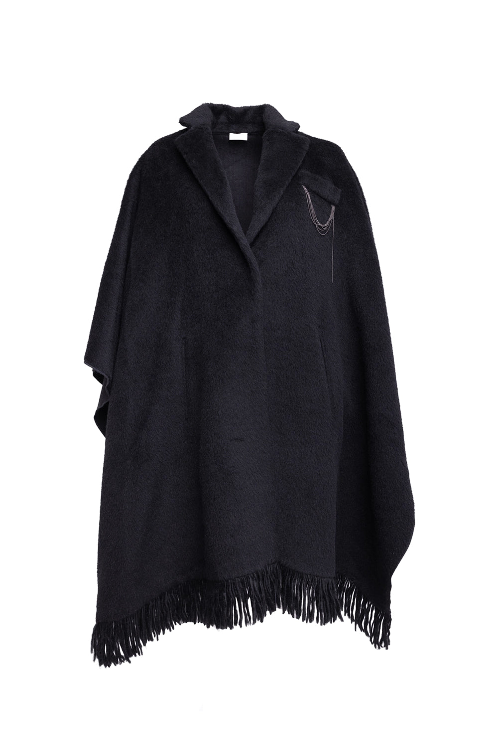 Pre-owned Brunello Cucinelli women's poncho in black, front view, shawl collar and fringed hem