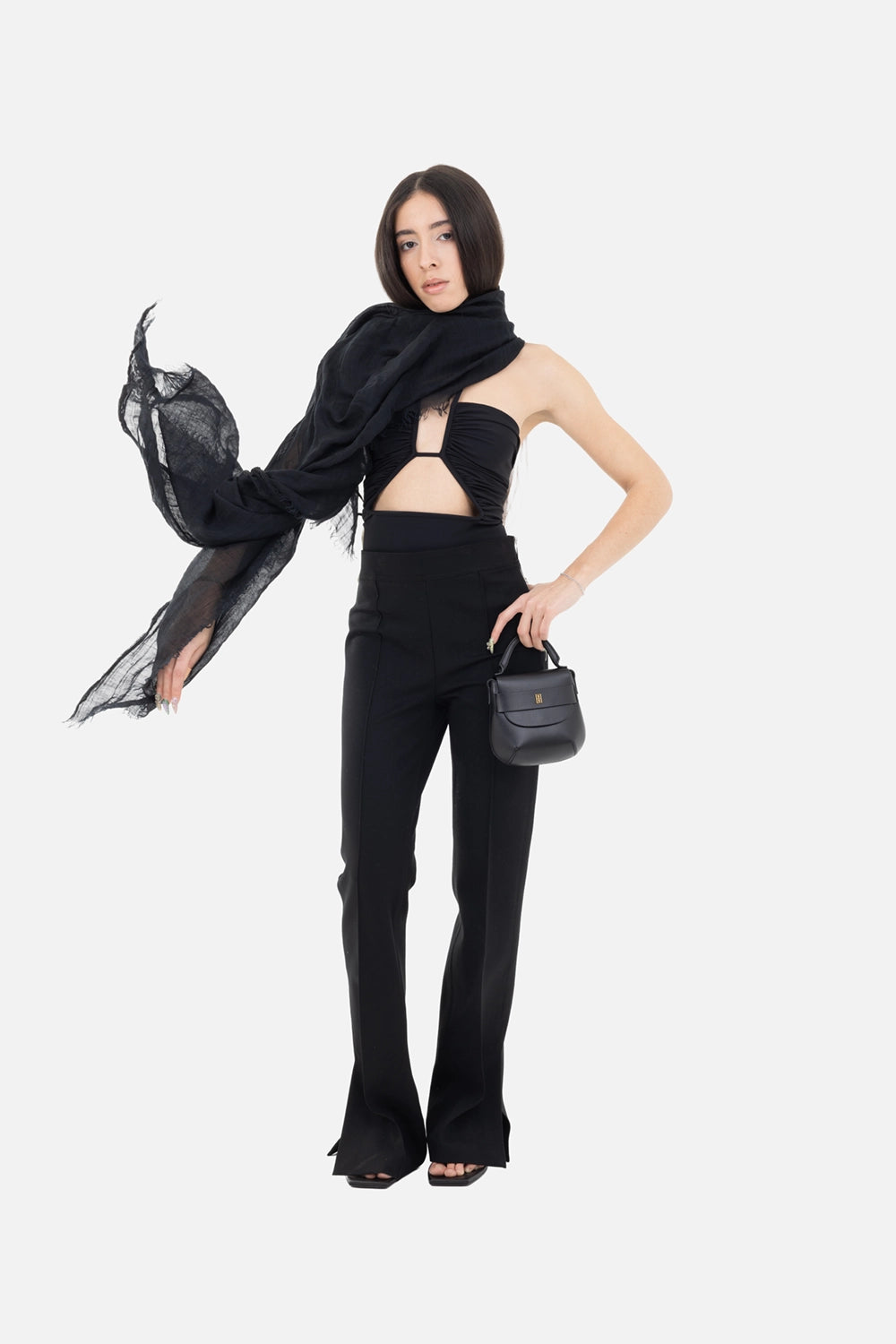 Helmut Lang women's ponte bootcut pants in black, on-model full length, front pintuck seams with bootcut flare