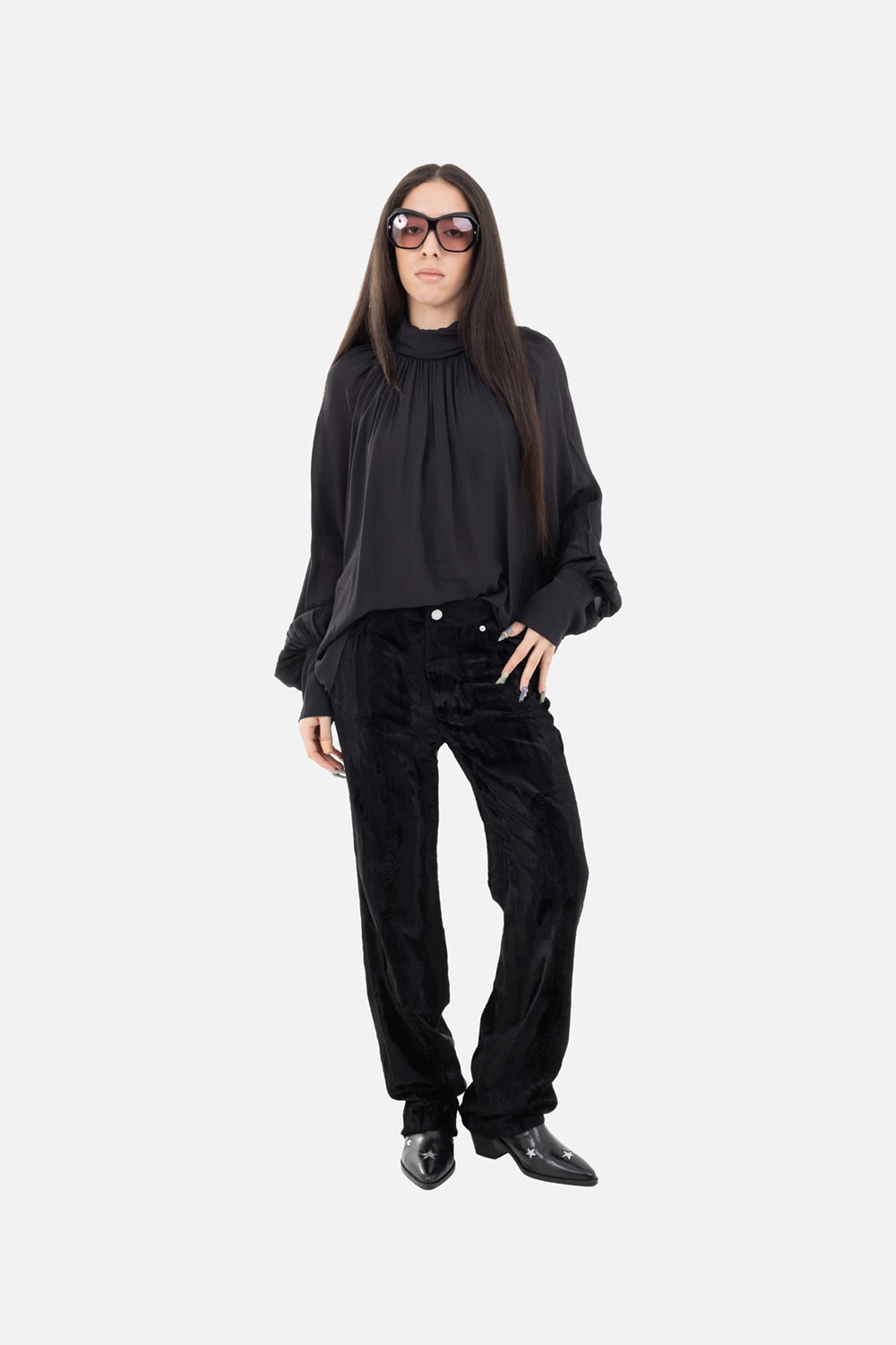 Helmut Lang women's pony-effect pants in black, on-model full length, high-rise straight leg with plush texture