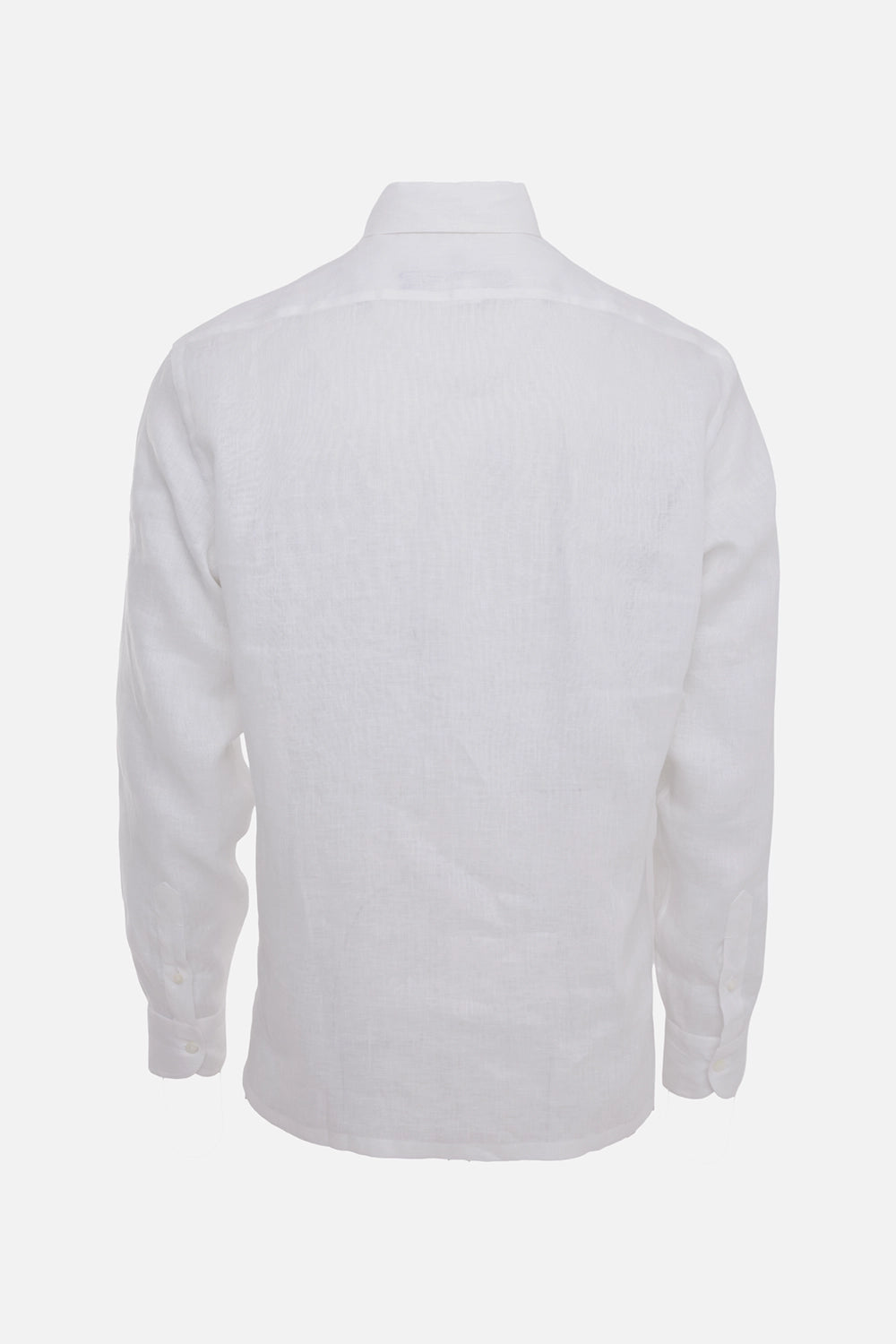 Comme des Garçons men's linen shirt in white, back view, plain semi-sheer linen and buttoned cuffs