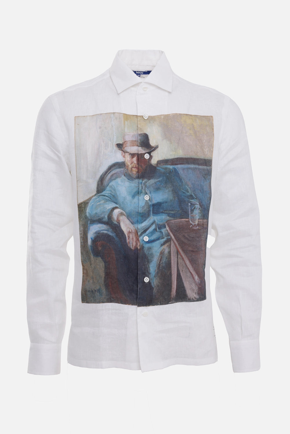 Comme des Garçons men's linen shirt in white, front view, portrait graphic with white buttons