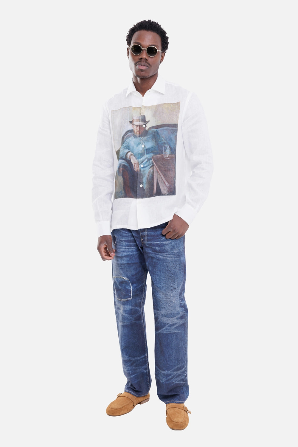 Comme des Garçons men's linen shirt in white, on-model full-length view, portrait print and spread collar