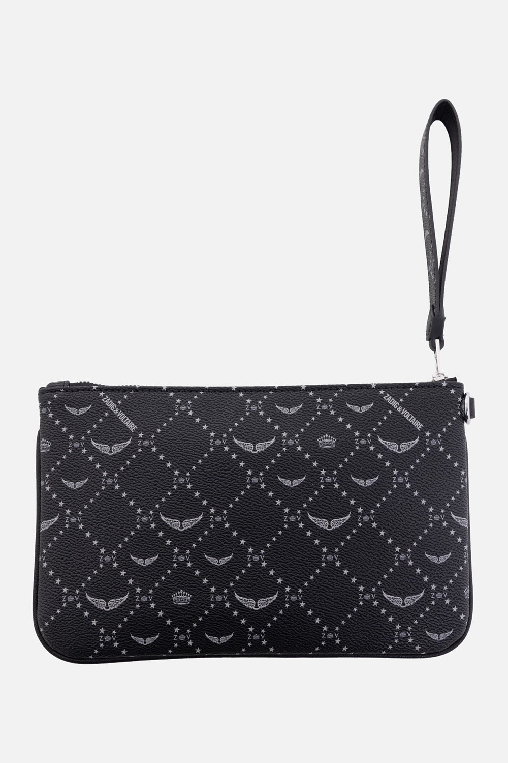 Zadig & Voltaire women's black pouch, back view with silver wrist strap and all-over ZV monogram print