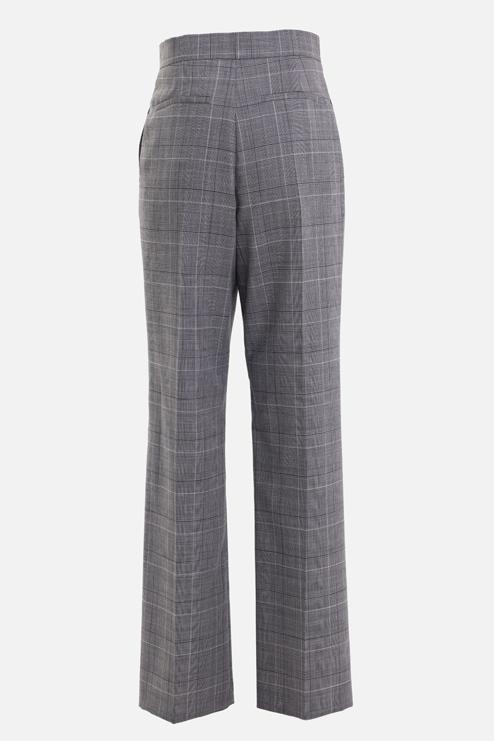 MSGM women's wool trousers in grey, back view with rear welt pockets and pressed pleats