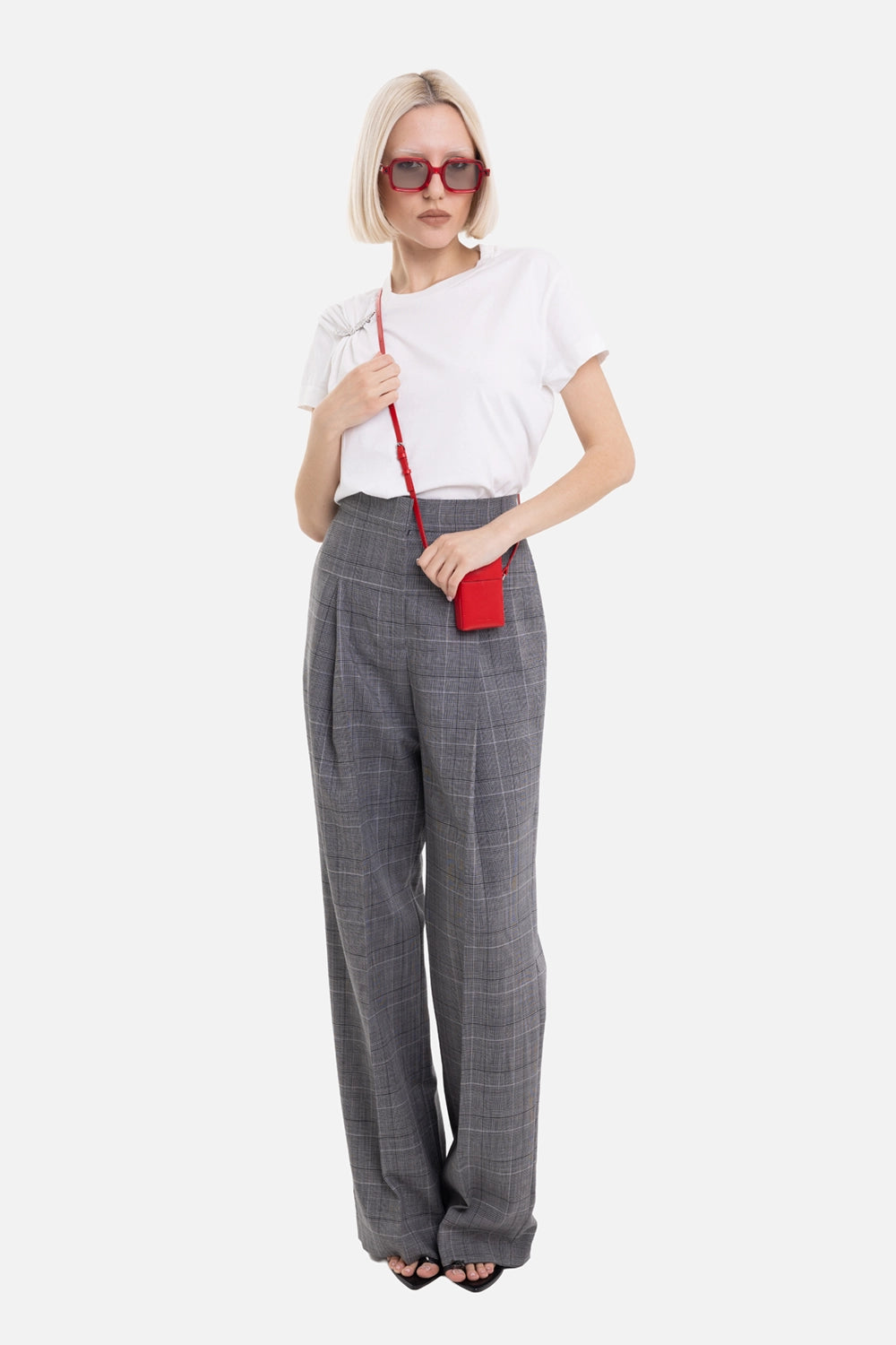 MSGM women's wool trousers in grey, on-model full-length with Prince of Wales check and wide legs