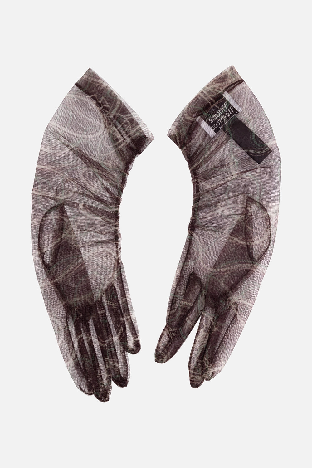 Vivienne Westwood women's tulle gloves in brown, flat-lay pair view with abstract swirl print and logo cuff label