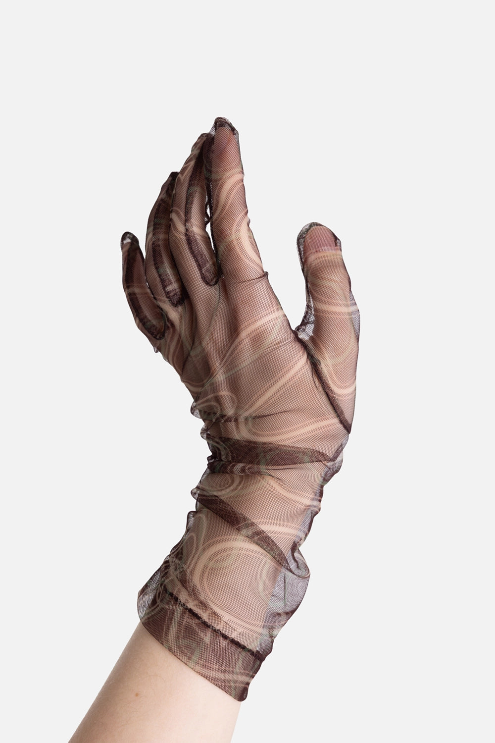 Vivienne Westwood women's tulle gloves in brown, front pair view with sheer mesh and ruched wrists