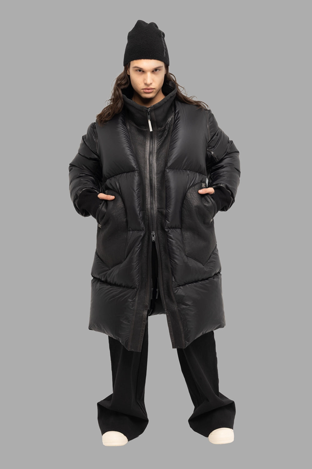Isaac Sellam Experience unisex puffer coat in noir, on-model full length, leather-panel pockets and high neck
