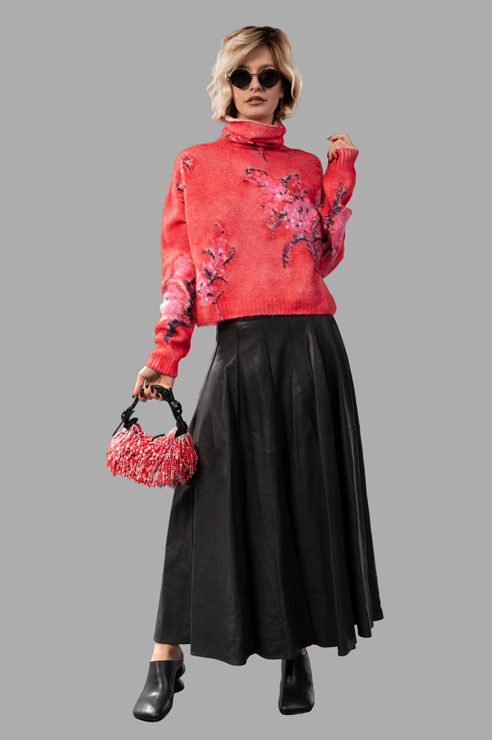 rubis/rose handpainted turtleneck pullover, full-length view, relaxed fit with rib trims