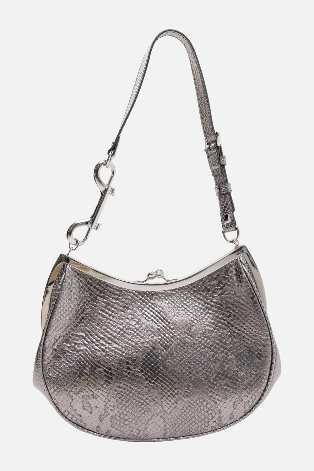 Vivienne Westwood Charm Frame purse in silver, back view, metallic python-embossed leather with crescent silhouette