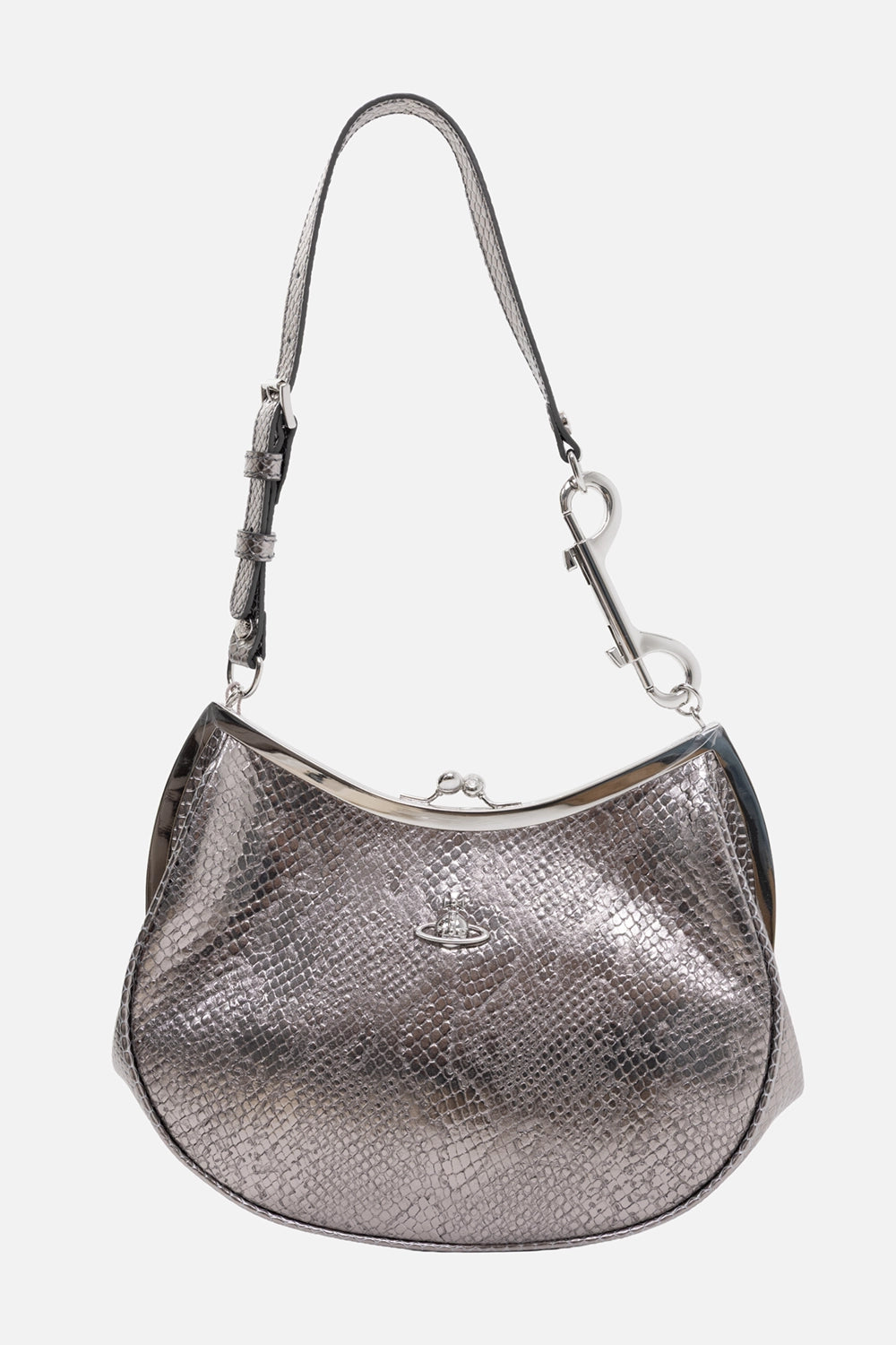 Vivienne Westwood Charm Frame purse in silver, front view, python-embossed finish with orb plaque and metal frame
