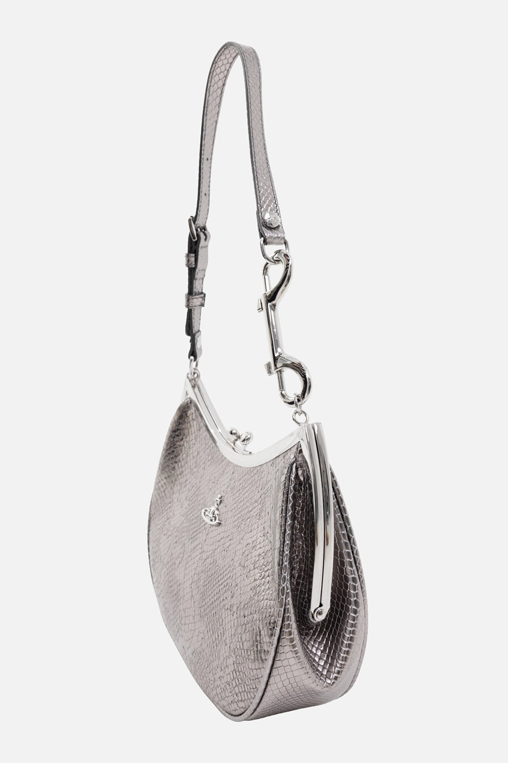 Vivienne Westwood Charm Frame purse in silver, side view, curved metal frame with dog clip hardware on strap