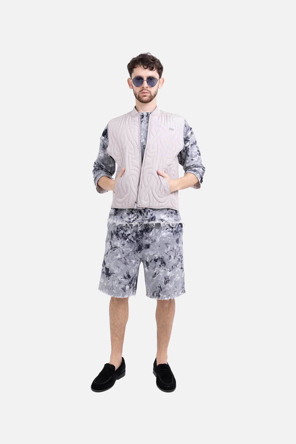 Filling Pieces mens quilted vest in Atmosphere, on-model full length, zip front with stand collar