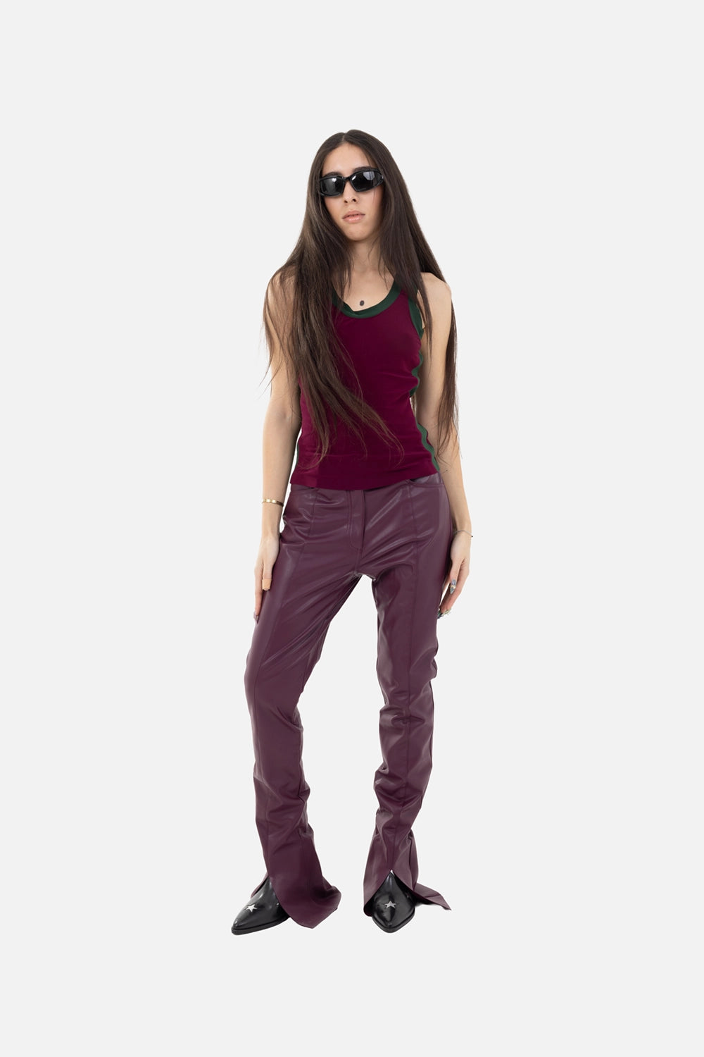 Norma Kamali women's racer tee in plum/dark emerald, on-model full-length, slim fit with green side panels