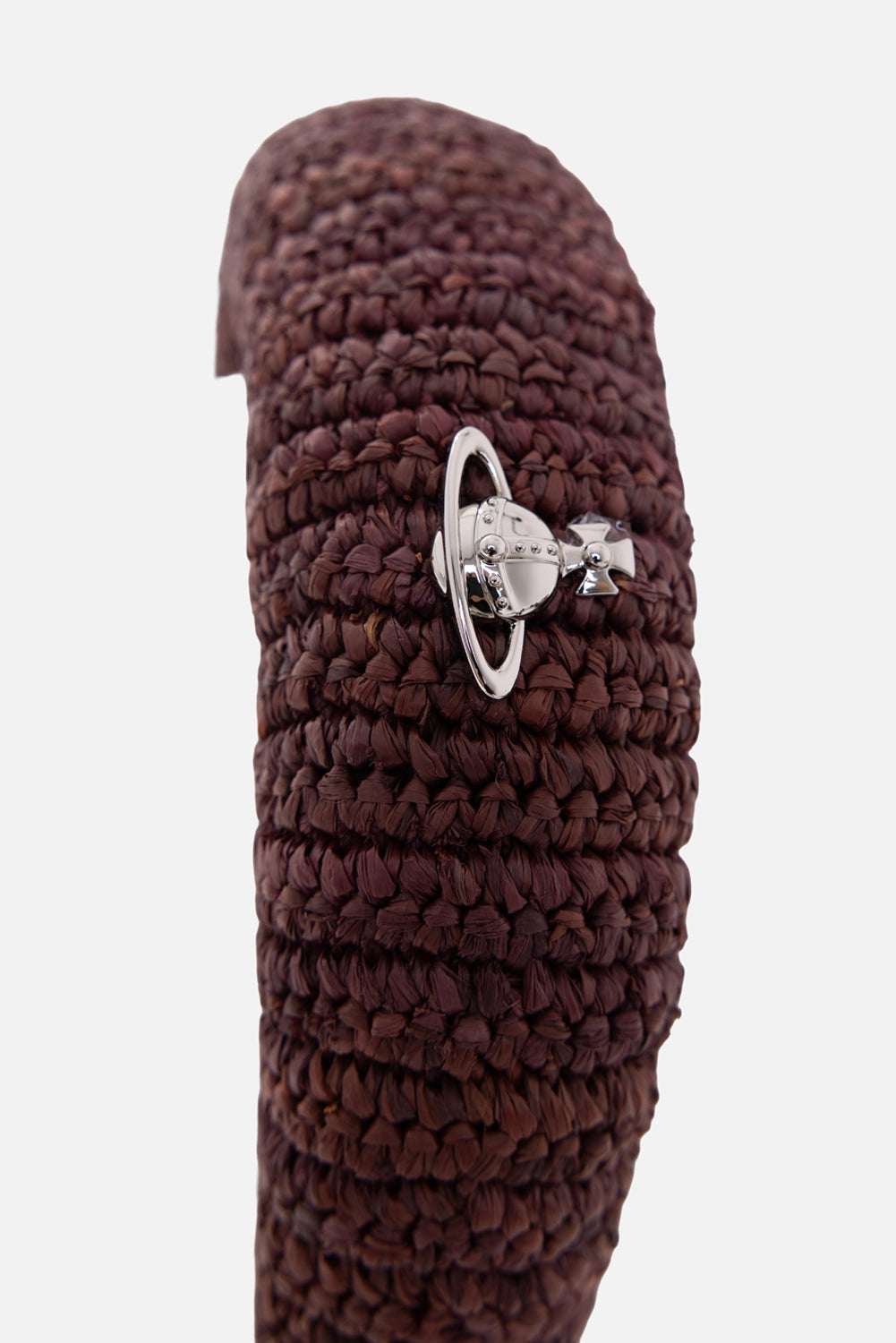 Vivienne Westwood women's headband in chocolate brown, logo detail, silver-tone Orb plaque on woven raffia