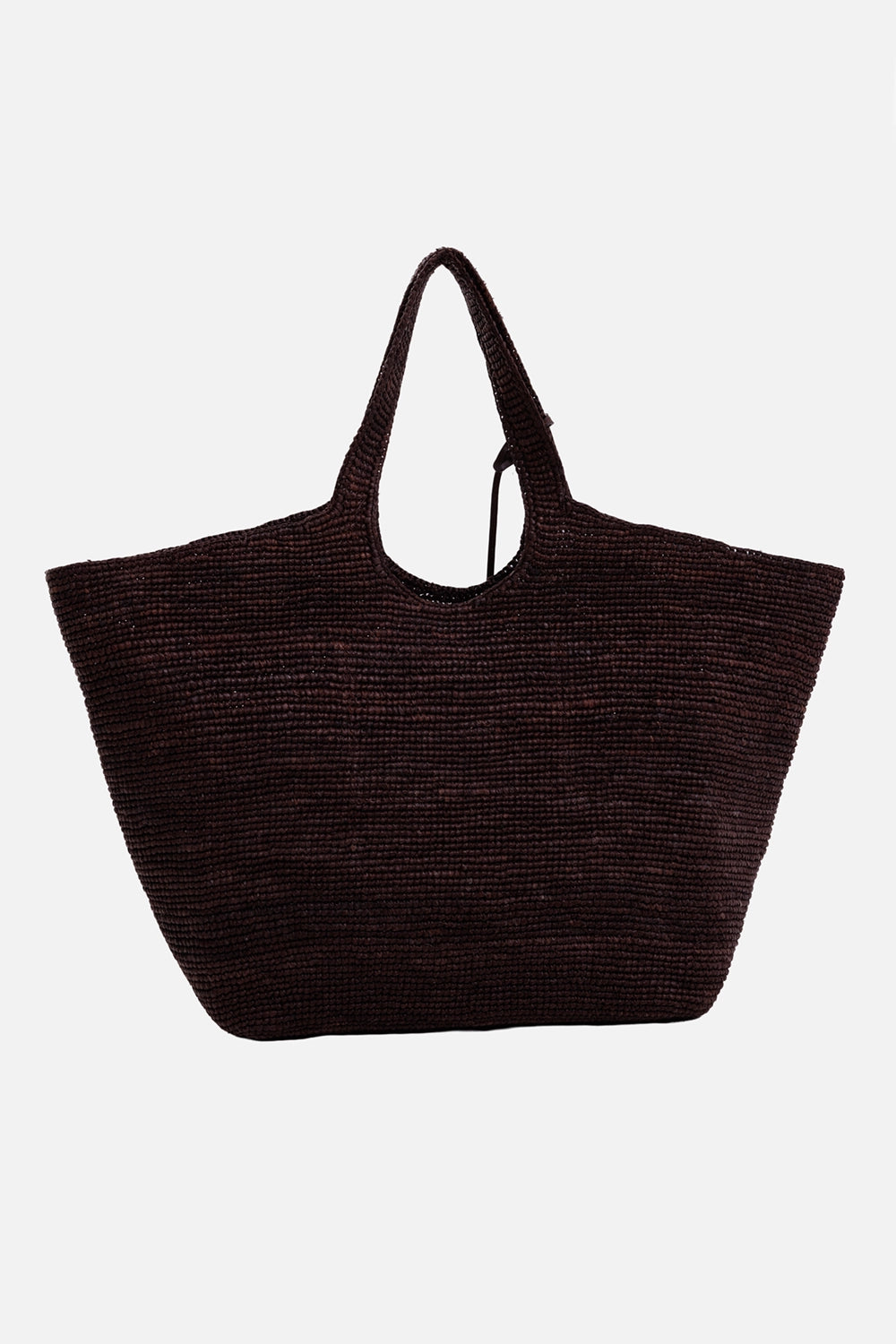 Anine Bing women's dark brown raffia tote bag, back view with oversized woven body and elongated handles