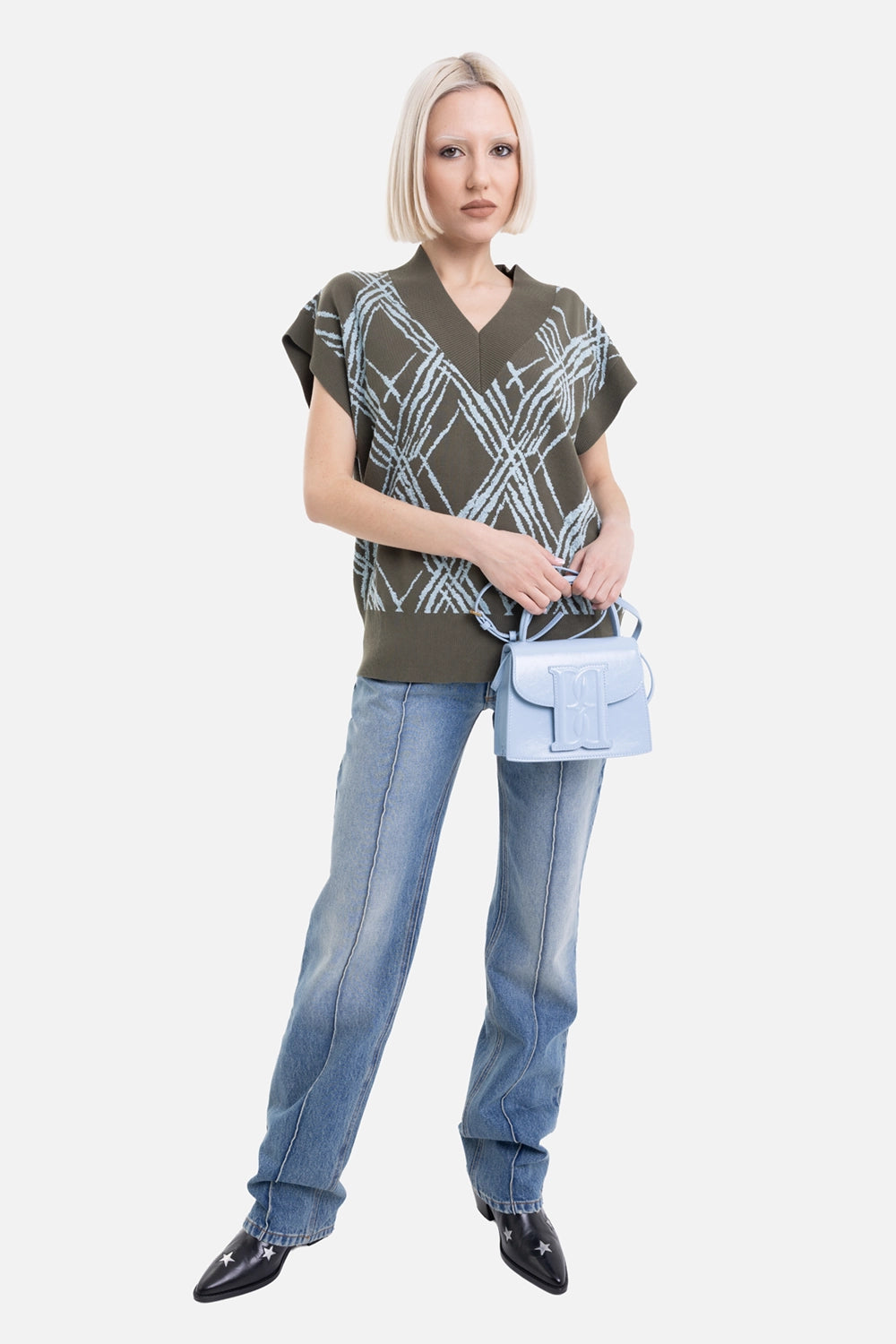 Joseph women's knit vest in palm leaf/chambray, on-model full-length with cap sleeves and ribbed hem