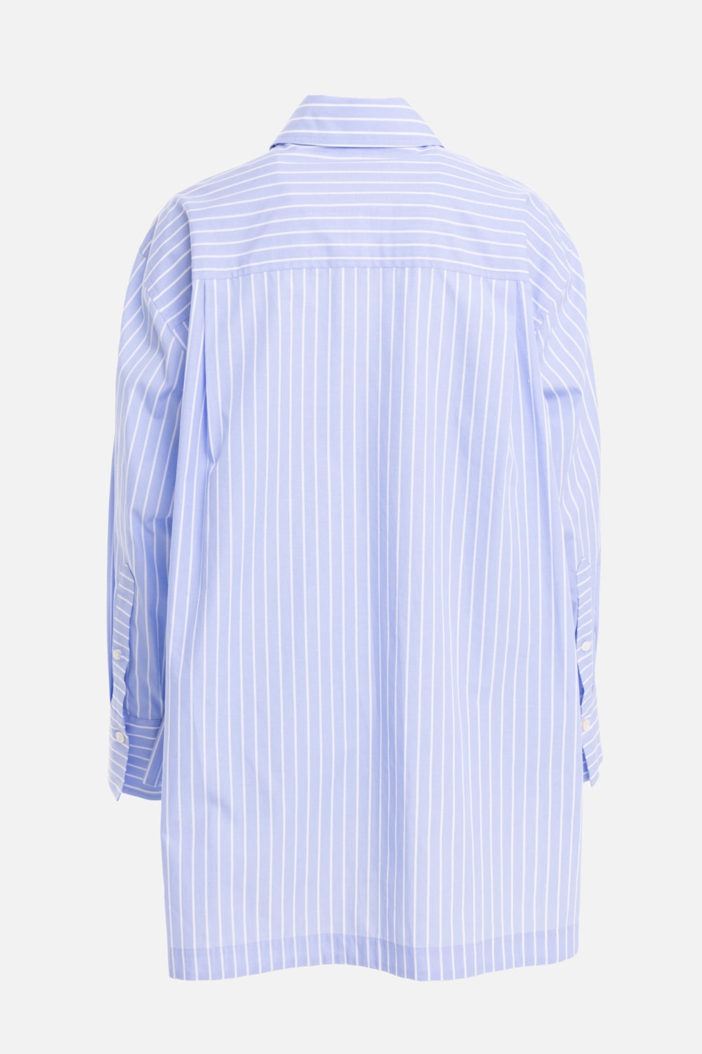 JOSEPH women's Ranya shirt in Light Blue Stripes, back view, horizontal yoke and vertical striped body