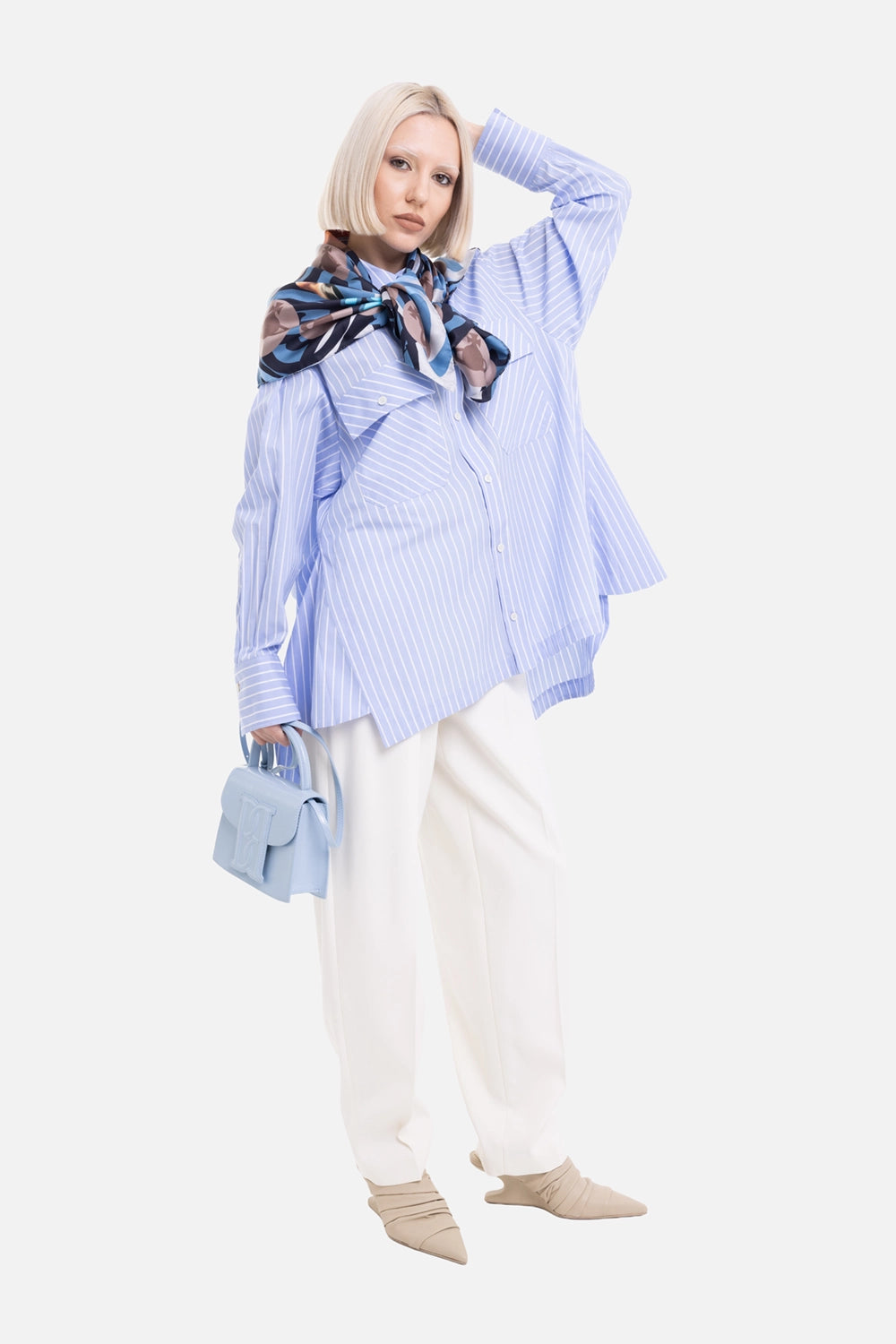 JOSEPH women's Ranya shirt in Light Blue Stripes, on-model full-length view, oversized fit and white buttons