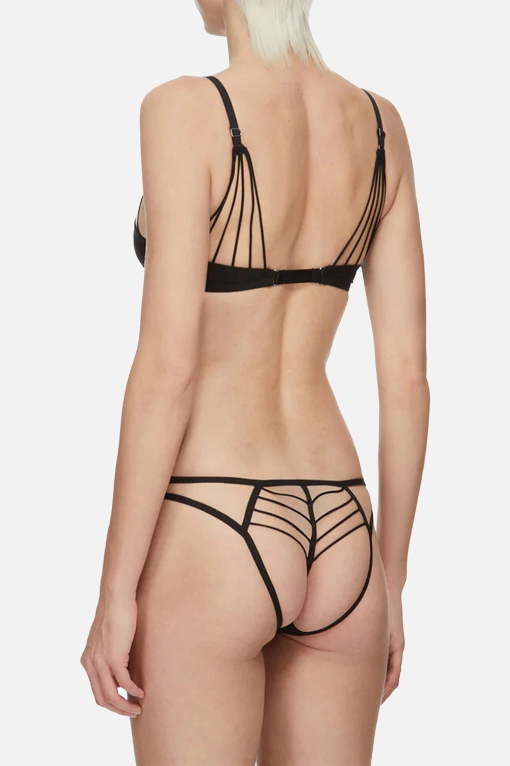 Rick Owens x LIVY women's lingerie set in black, back view, open rear brief and adjustable bra straps