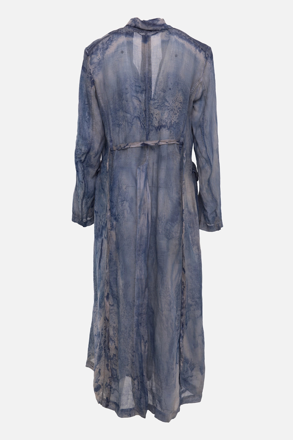 Masnada women's duster coat in milk and blue, back view, sheer yoke and waist belt detail
