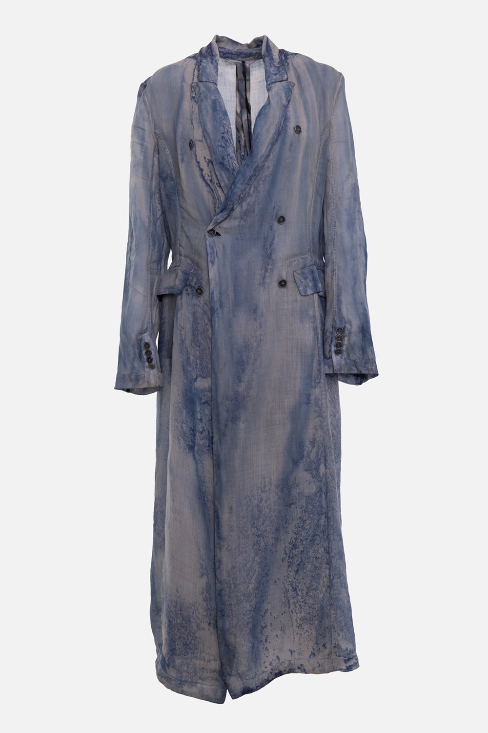 Masnada women's duster coat in milk and blue, front view, double-breasted buttons and flap pockets