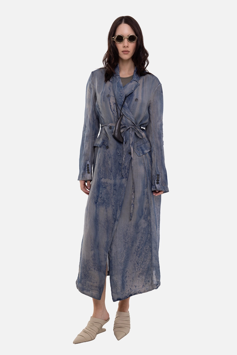 Masnada women's duster coat in milk and blue, on-model full length, belted sheer body with raw wash