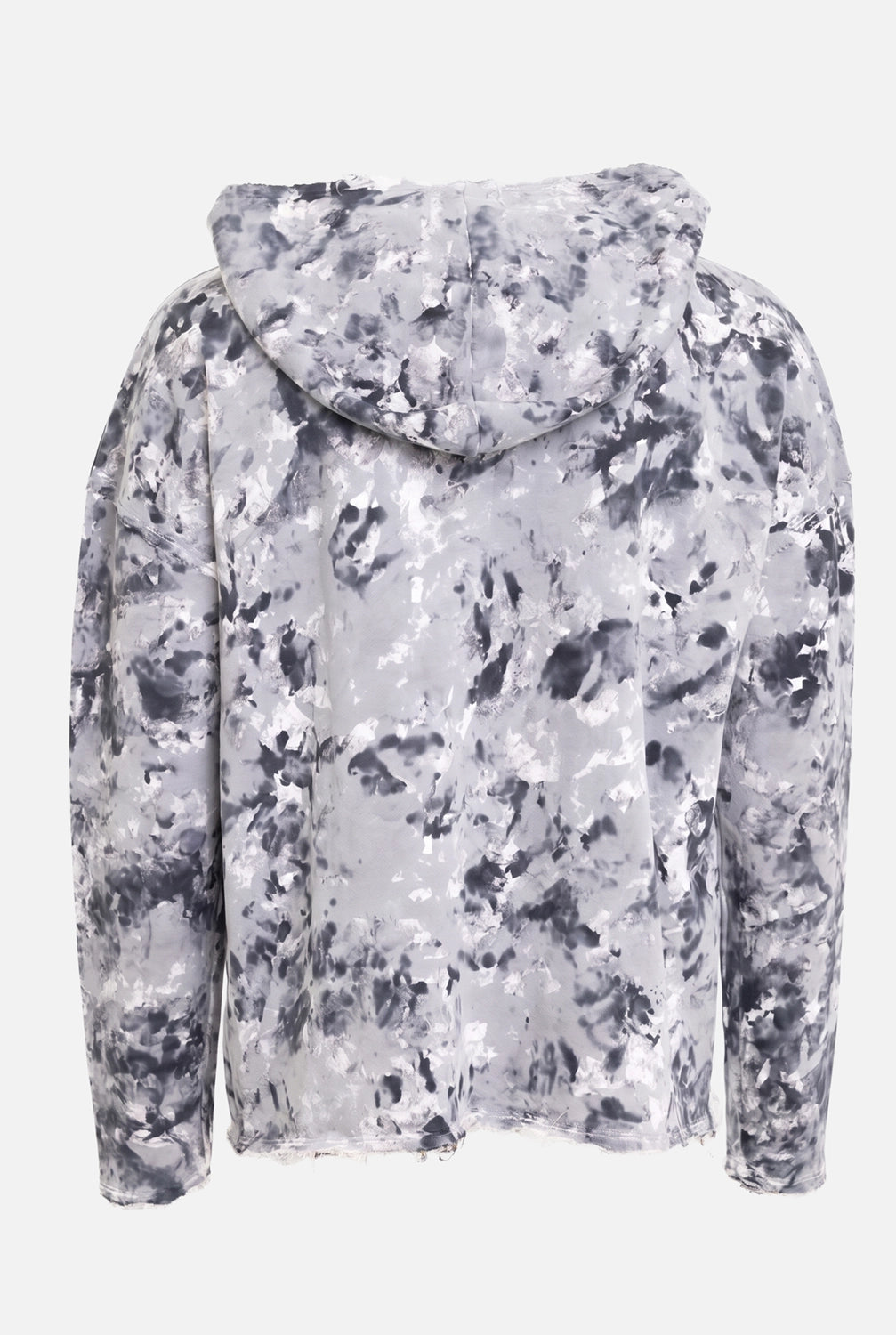Avant Toi men's hoodie in Grey/Black, back view with hood seam, camo print and raw-cut hem