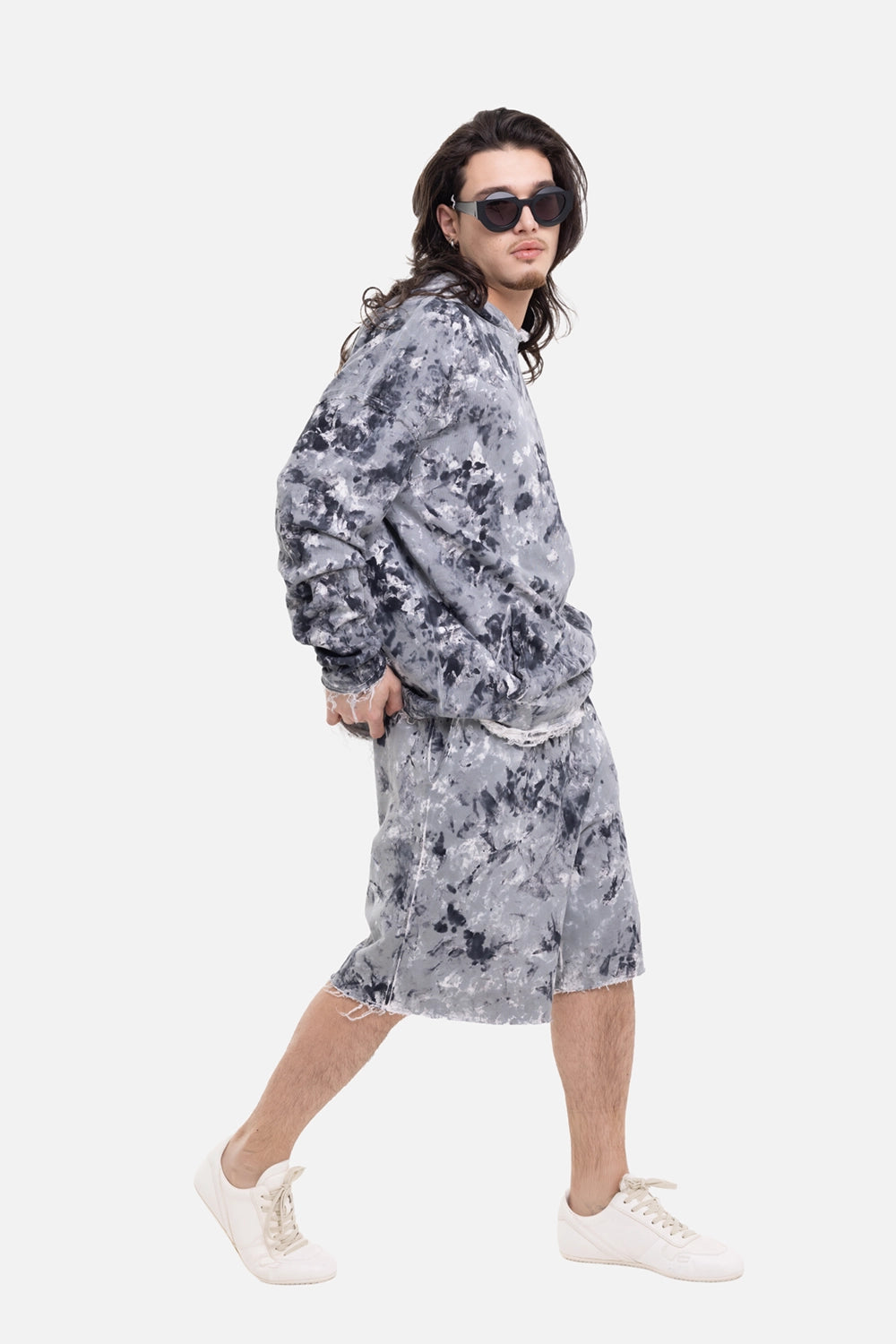Avant Toi men's hoodie in Grey/Black, on-model full-length with drop shoulders and matching camo shorts