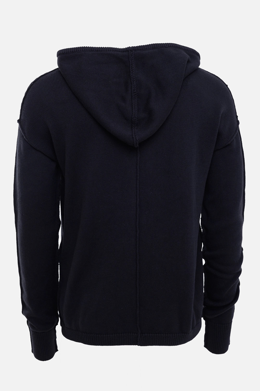 Justin Gall men's knit hoodie in black, back view, hood seam, dropped shoulders and ribbed hem