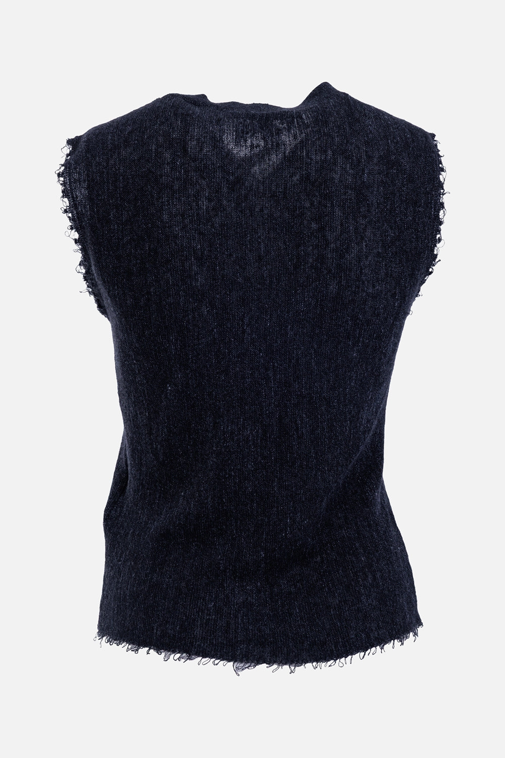 Helmut Lang women's Raw-Edge Tank in black, back view with sheer knit texture and frayed armholes