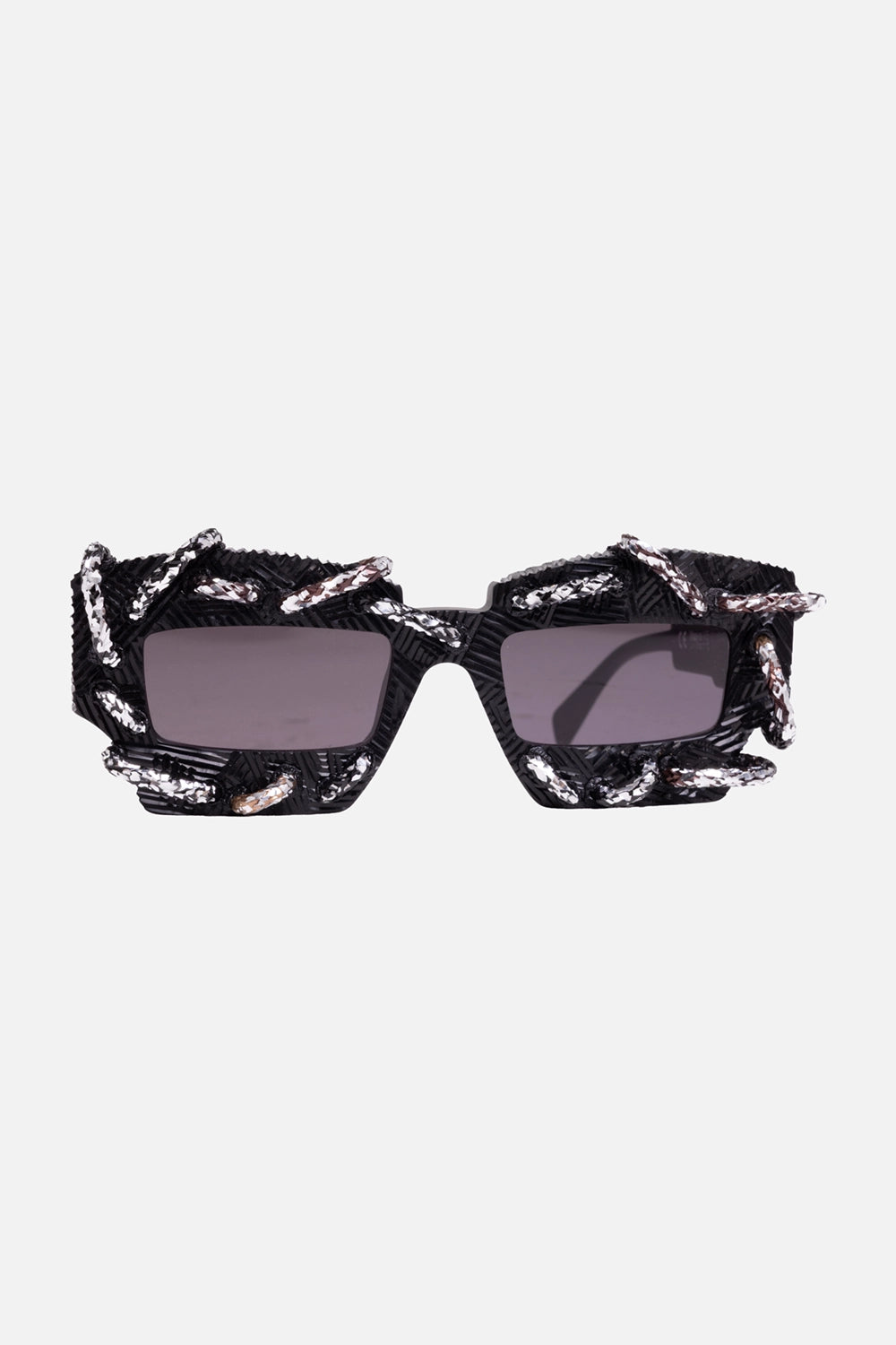 Kuboraum unisex rectangular sunglasses in black matt, front view, grey lenses and sculptural raised trim