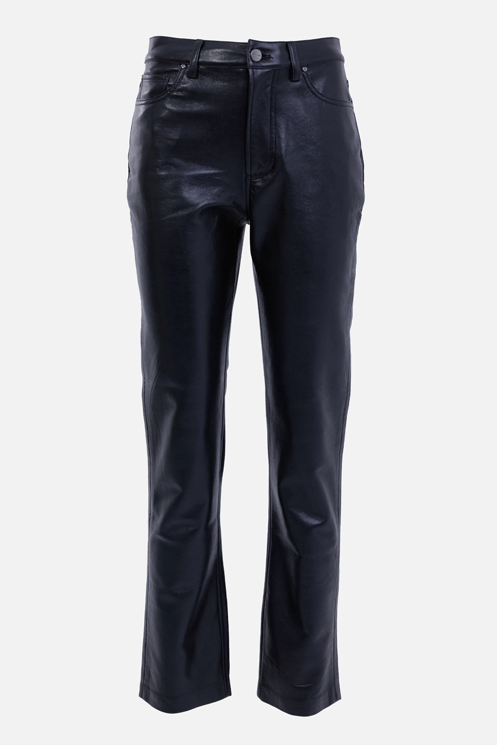 Anine Bing women's black Bruno leather pants, front view with five-pocket styling and button-and-zip fly