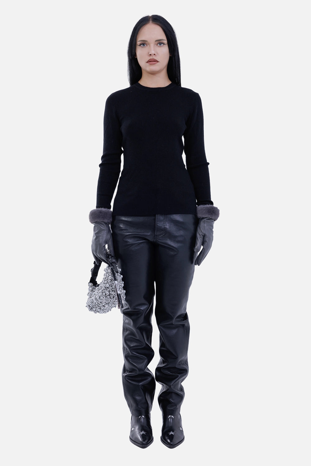 Anine Bing women's black Bruno leather pants, full-length on-model view with high rise and slim straight leg