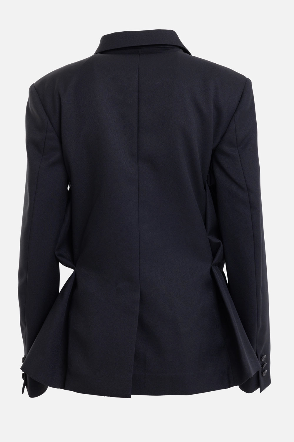 Comme des Garçons women's blazer in Black, back view with center seam and flared side panels