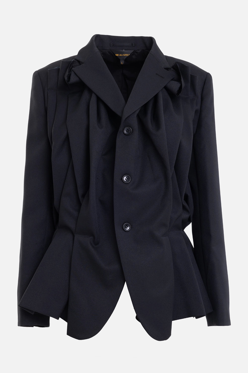 Comme des Garçons women's blazer in Black, mannequin front view with notched lapels and draped pleats