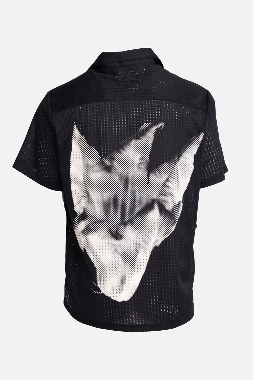 Filling Pieces men's mesh resort shirt in black, back view, sheer mesh with white flower artwork