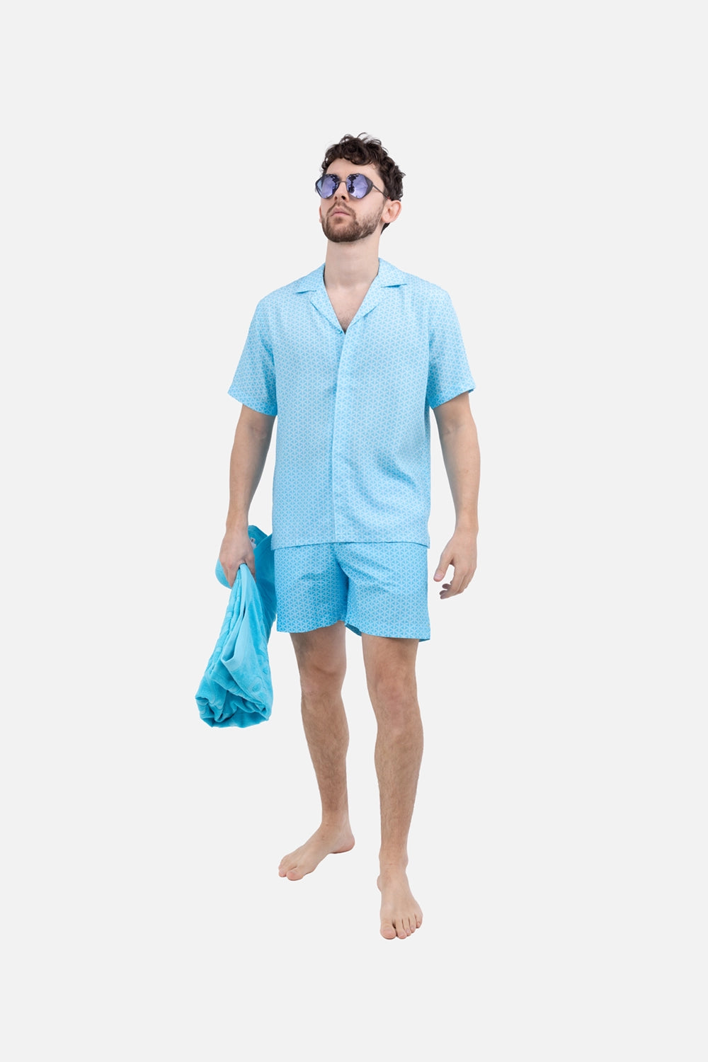 Orlebar Brown men’s resort shirt in synth blue, on-model full length, relaxed fit with matching printed shorts
