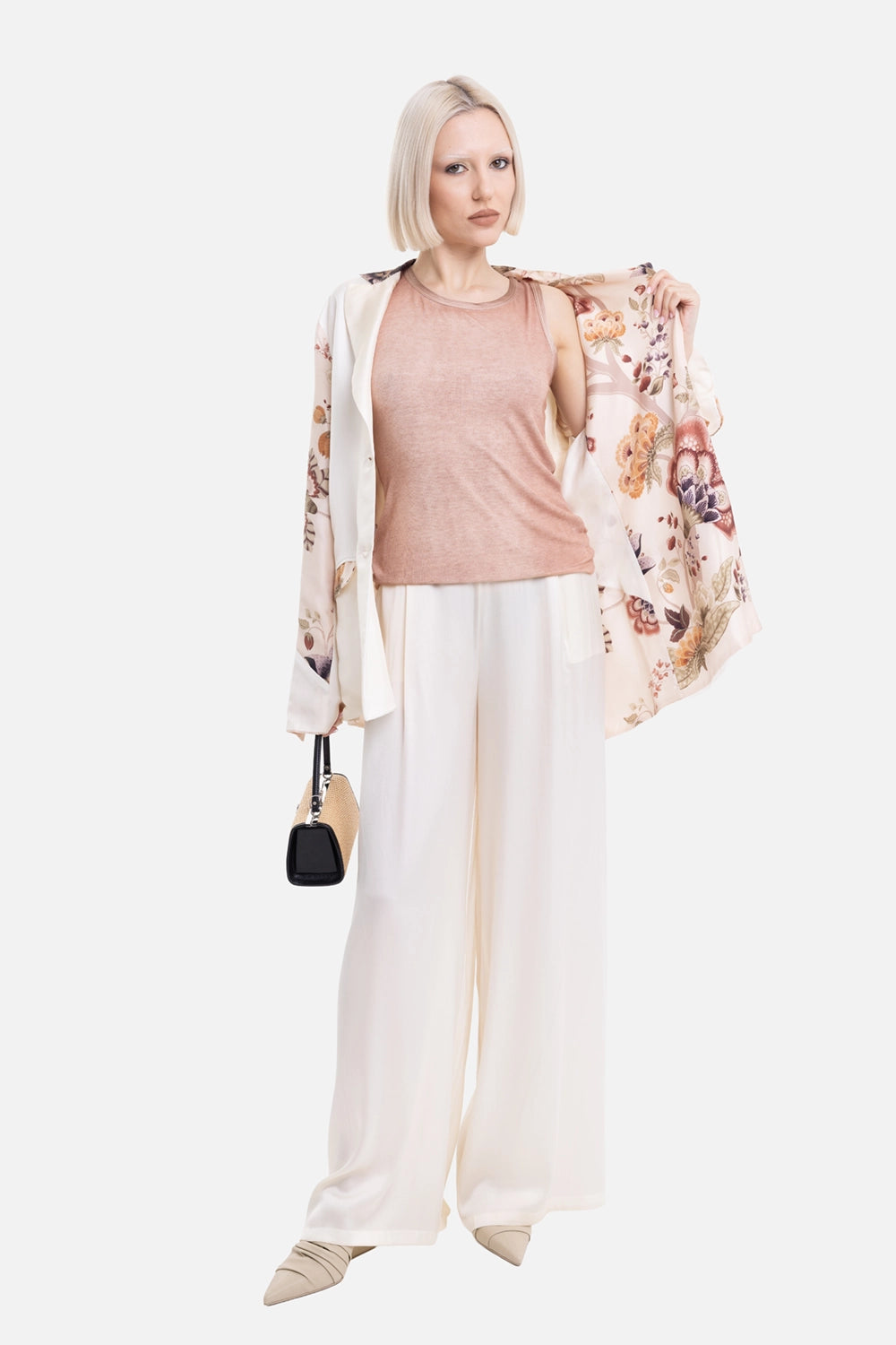 Avant Toi women's silk twill jacket in Vaniglia, on-model full-length view, open floral inner panel
