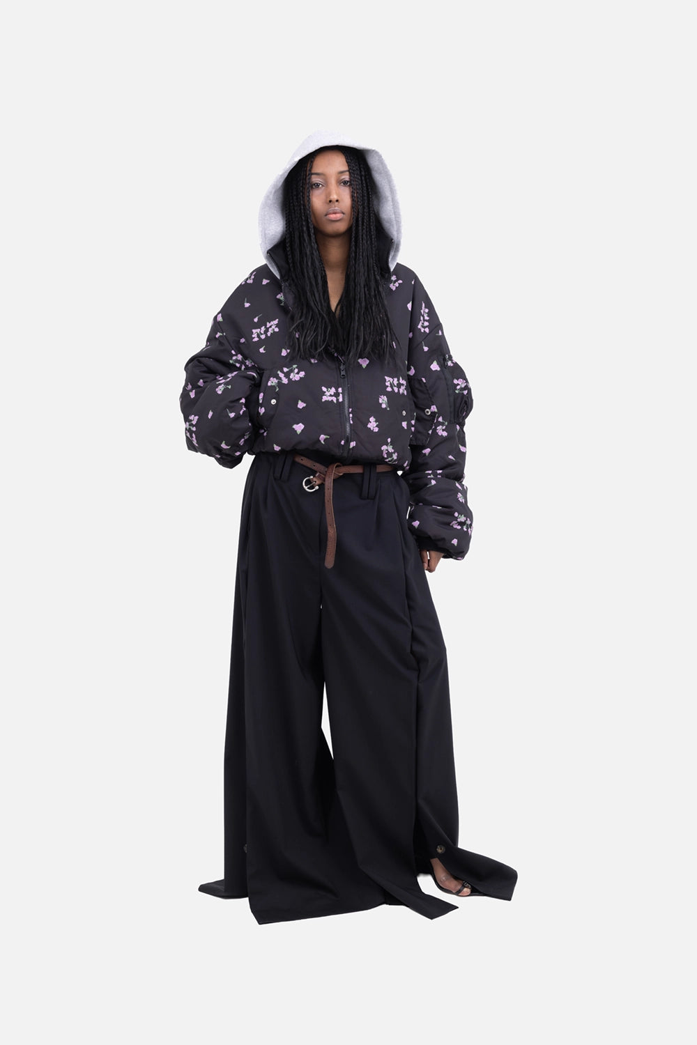 Natasha Zinko reversible bomber jacket in black/grey, on-model full length, oversized fit with grey hood