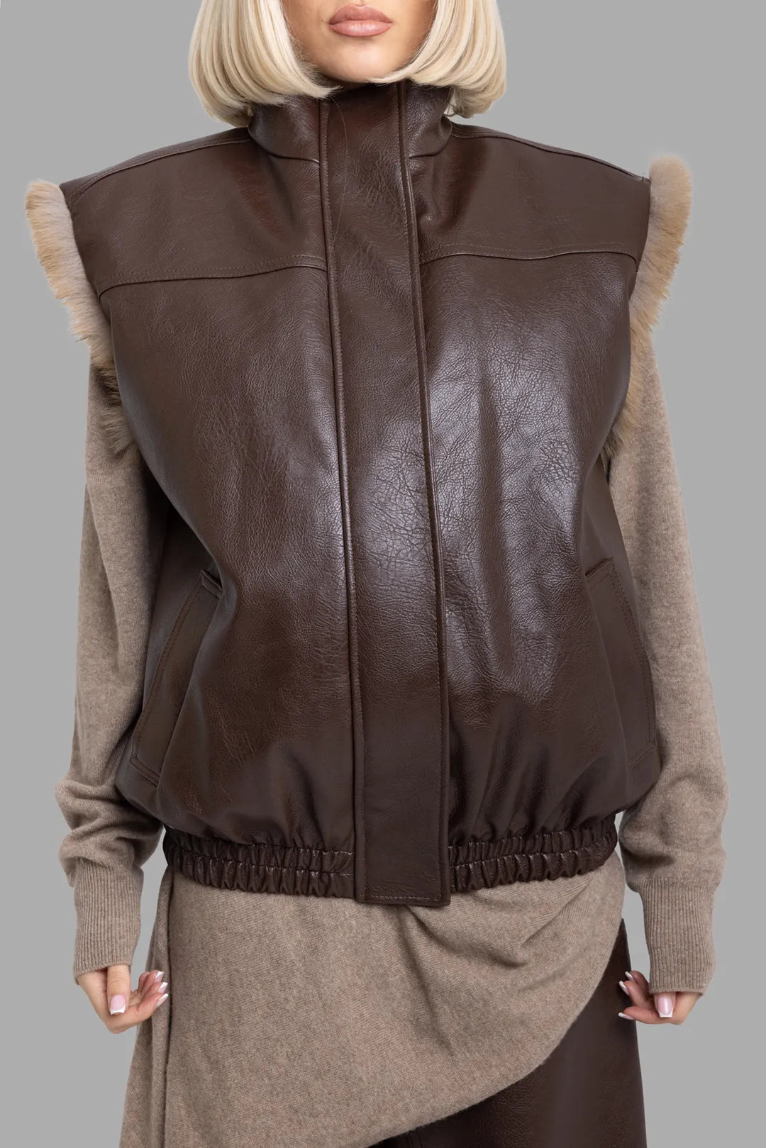 Women's Brown Reversible Faux Leather Fur-Trim Vest | MSGM