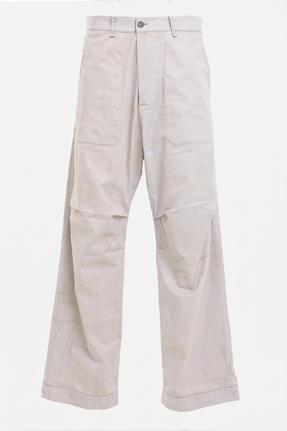 Masnada men's Reversible Over Pants in Ecru, front view with large patch panels and button waistband