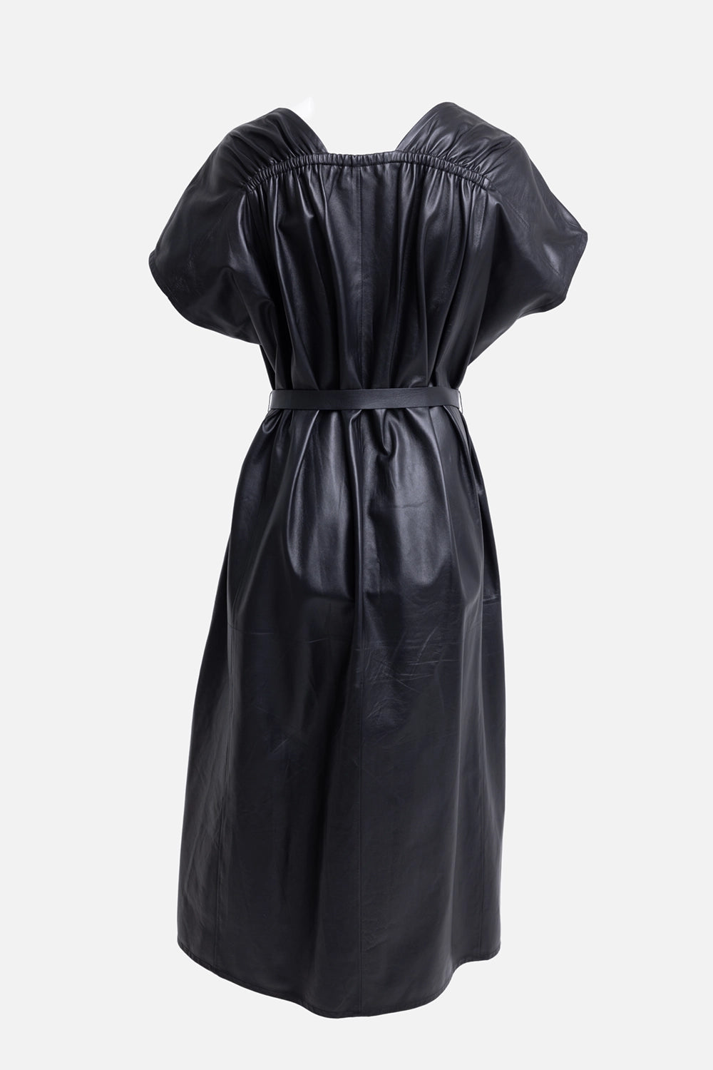 Pre-owned Maison Ullens women's leather dress in black, back view, gathered elastic neckline detail and belted waist