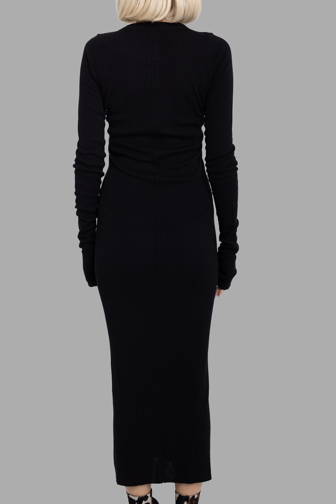 Rick Owens women's black rib long sleeve midi dress, back view highlighting centre seam and straight hem.