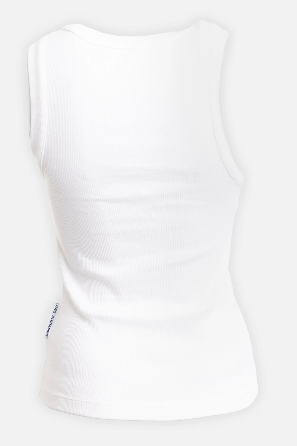 Des Phemmes women's rib tank top in off white, back view, fitted sleeveless shape and ribbed jersey
