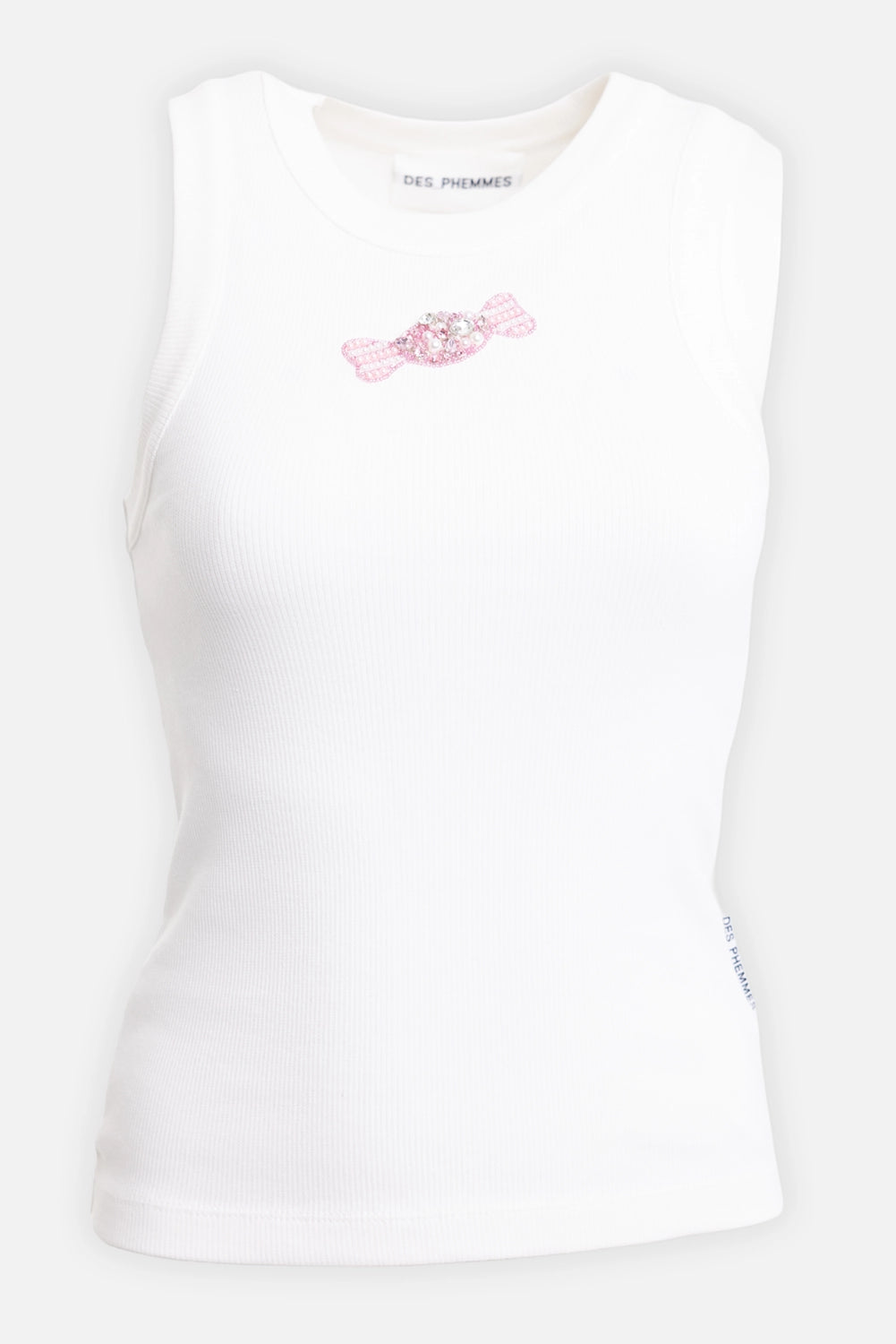 Des Phemmes women's rib tank top in off white, front view, pink crystal candy motif and crew neck
