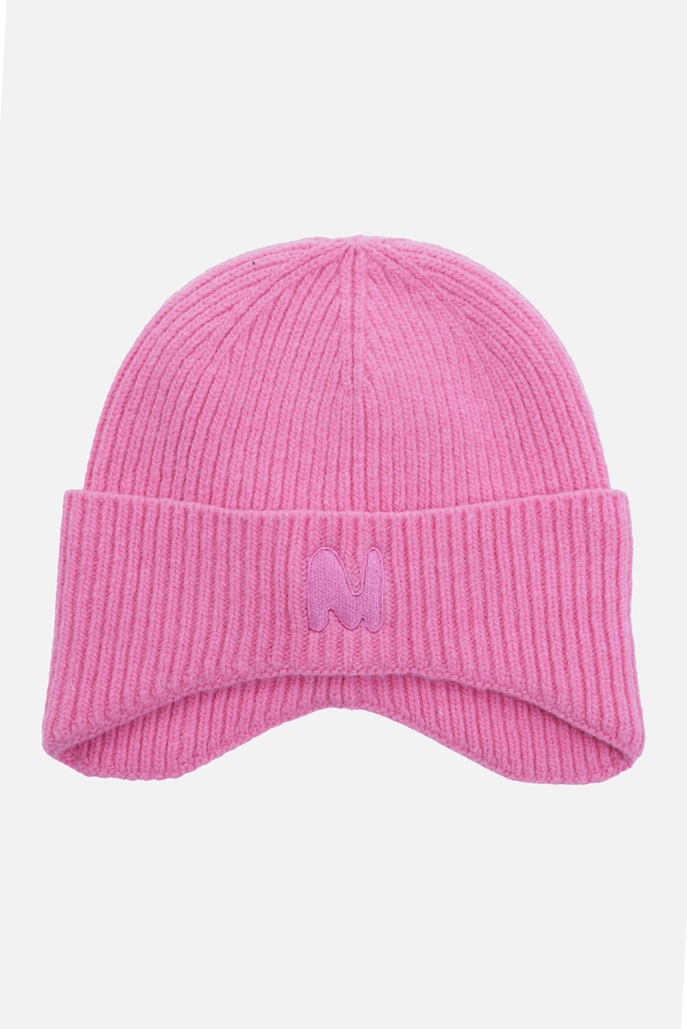 MSGM women's ribbed beanie in pink, front view with tonal M embroidery and a curved folded cuff